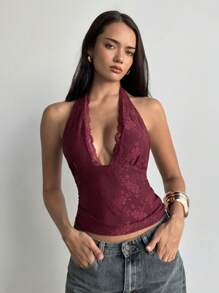 Aloruh 女士优雅简约时尚休闲街头通勤蕾丝纯色吊带背心性感火辣音乐节演唱会工作简约时尚吊带背心适合夏季、复活节、度假、伊比沙岛、乡村、办公室、毕业典礼、返校季、夏季上衣 - 酒紅色 - 查看 5