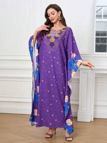 Al Najma Floral & Geometric Spiral Pattern Batwing Sleeve Long Arabic Abaya, Suitable For Daily Wear, Women Formal Elegant Evening Dress, Prom Summer Dress, Modest