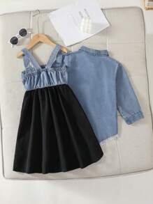 SHEIN 2pcs Young Girl' Spring Casual Denim Jacket And Knit Panel Denim Dress Set, Young Girl Formal Dress - Blue - View 2