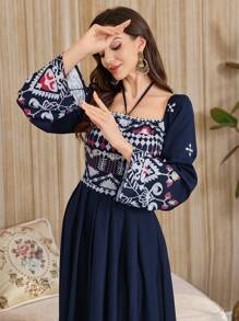 Al Najma Đầm chữ A thanh lịch cổ yếm họa tiết cổ điển cho nữ - Màu xanh hải quân - Xem 3