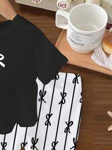 Baby Girl Set - Round Neck Butterfly Print Short Sleeve Black T-Shirt And Striped Butterfly Full Print Flared Pants