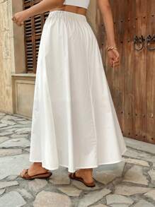 Pariaura Elastic Waist High Waist Solid Color Skater Skirt, Versatile & Slimming A-Line Skirt Fall Cloth For Women