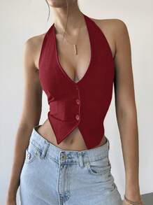 SHEIN PETITE Ladies Solid Color Sleeveless Backless Neck-Hanging Summer Top ,Petite Women - Burgundy - View 8
