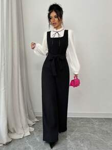 Elenzga 女式秋季拼色高腰直筒背带裤和衬衫两件套