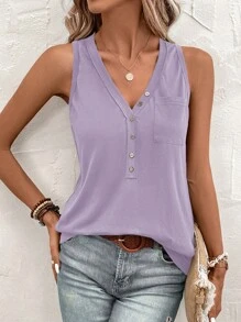 SHEIN Clasi Vacation Casual Solid Color Front Button Camisole - Dusty Purple - View 3
