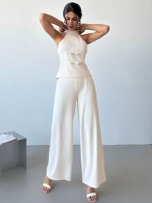 Firerie Valentinstag Neuer, einfacher, eleganter, vintage, moderner, lässiger/Büro Aprikosenfarben Halter-Rückenfreie Schleife Bluse & High-Waist weite Bein Hosen 2-teiliges Outfit dezent - Aprikosenfarben - Übersicht 7