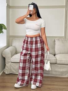 SHEIN EZwear 大码女式格子裤，黑白格子松紧腰口袋阔腿休闲宽松裤，女士冬装 - 紅色 - 查看 3