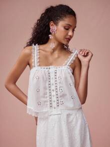 Enchnt Parte superior de tiras/camiseta sin mangas de mujer romántica de primavera/verano con encaje, parches y bordados, dulce y elegante para el Día de San Valentín, vacaciones, citas, uso diario y estilo bohemio - Blanco - Ver 1