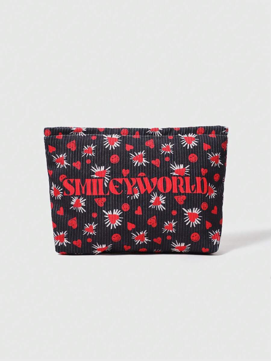 SmileyWorld® | SHEIN 心形图案天鹅绒拉链化妆包,轻便多功能内衬化妆品收纳袋 - 彩色 - 查看 1