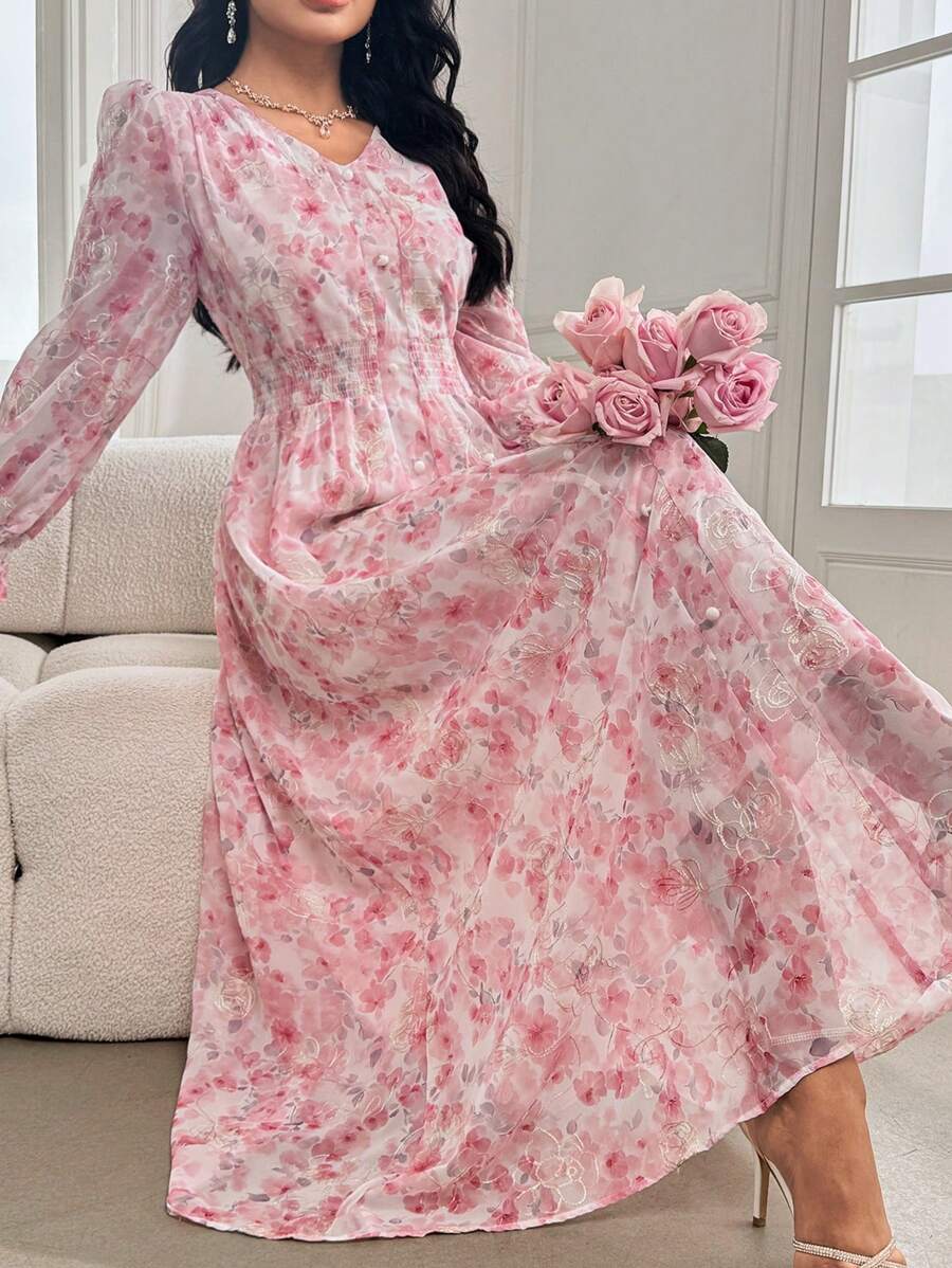 Modelyn Fashionable Romantic Embroidered Floral Long Dress For Women Fall Cloth For Women - Pink - View 1