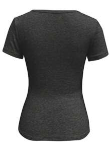 INAWLY Women's Casual Solid Color Front Zip Short Sleeve T-Shirt - Dark Grey - View 2