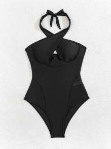 Mesh Splice Cross Halter One-Piece Swimsuit Summer - Black - View 7