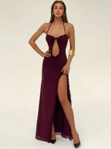 Aloruh 茄子色网眼浪漫约会度假女士镂空蕾丝高开叉褶皱长裙 - 中紫紅色 - 查看 7