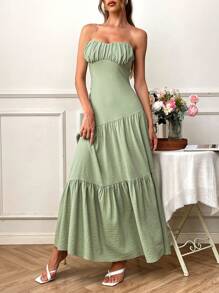 SHEIN VCAY 女式宽松编织纯色喇叭裙，适合春夏季度假，女士夏季服装，女士度假服装，女士复活节服装 - 綠色 - 查看 6