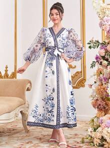 SHEIN Leap Crew Teen Girl's Woven Contrast Mesh Floral Printed V-Neck Tie Waist Dress - Blue and White - View 2
