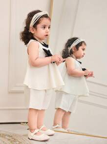 女婴 2 件套：白色无袖吊带上衣，黑色领口，黑色宽松长裤，3D 蝴蝶结装饰，适合上学、四季、外出旅行 - 米色 - 查看 6