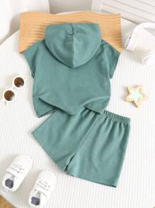 SHEIN 2 件装男婴夏季可爱休闲运动连帽衫上衣和短裤套装 - 彩色 - 查看 2