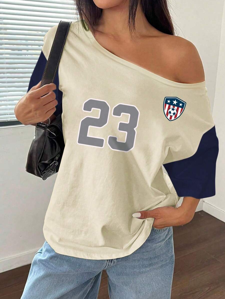 INAWLY Camiseta de manga corta de verano con estampado numérico, cuello asimétrico y contraste de colores para mujer - Multicolor - Ver 1