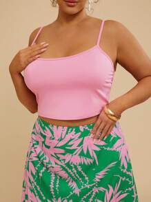 Travachic Tropical Plus Size Casual Holiday Coconut Tree Print Pink Knit Camisole Top + Long Maxi Beach Skirt 2pcs Set, Summer Women