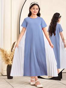 Tween Girls' Knit Solid Seam Patching Pleated Casual Dress, Suitable For Spring/Summer, Casual Outing, Back To School, Smoky Blue - Dusty Blue - View 1