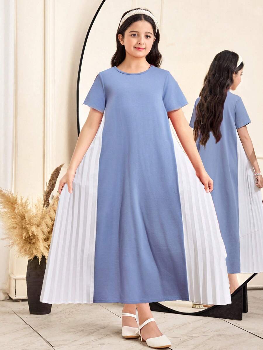 Tween Girls' Knit Solid Seam Patching Pleated Casual Dress, Suitable For Spring/Summer, Casual Outing, Back To School, Smoky Blue - Dusty Blue - View 1