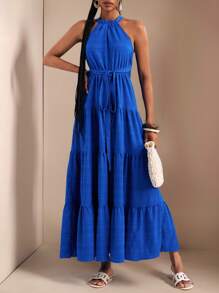 Slaydiva Beach New Spring And Summer Casual Vacation Daily Date Halter Neck Strap Back Cross Strap To Waist Bow Strap Multi-Layer Splicing Hem Klein Blue Plaid Texture Woven Fabric Women's Maxi Dress-B