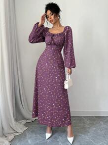 Modelyn 小碎花方领荷叶边系带灯笼袖束腰连衣裙 - 紫色 - 查看 3