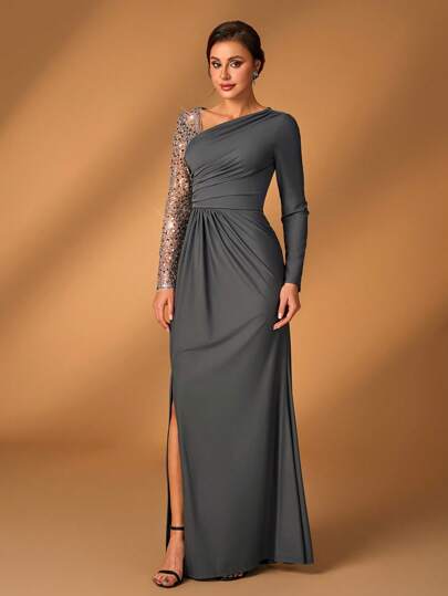 Serin 优雅奢华灰色透视长袖花卉刺绣亮片拼布弹力褶皱美人鱼下摆裙，适合婚礼、派对、度假、舞会、新娘母亲晚礼服