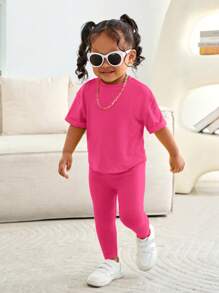Bubblio 女婴紫红色短袖 T 恤和松紧腰裤套装，休闲时尚服装 亮黄色休闲时尚服装 - 玫紅色 - 查看 4