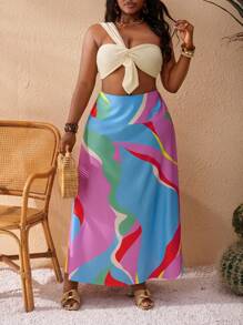 Slaydiva 2pcs Plus Size A-Line Floor-Length Skirt Set, Digital Floral Print, Vacation Outfit - Multicolor - View 4