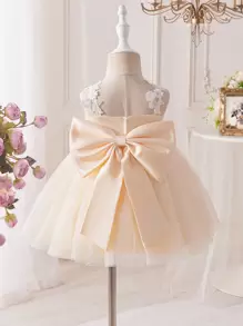 SHEIN Glamorique Kids Vestido de túle y satén para niñas pequeñas para bodas y fiestas, vestido de princesa con volantes de encaje, grandes lazos y decoración, atuendo para niña de las flores/cumpleaños/sesión fotográfica - Albaricoque - Ver 5