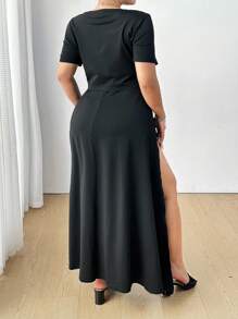 Flirla 2pcs Plus Size Knitted Outfit - Fitted High Slit Cami Dress And Short Sleeve Cardigan, Spring/Summer - Black - View 2