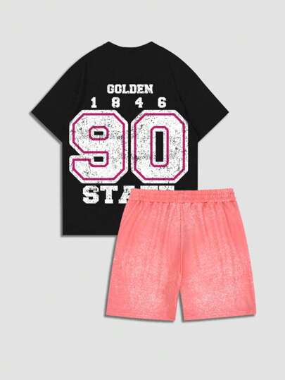 Street Life Men's Letter Print Round Neck Short Sleeve Casual T-Shirt And Drawstring Waist Shorts Set