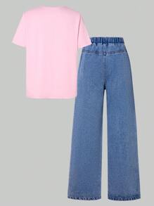 2pcs/Set Girls' Summer Loose Butterfly Print Short Sleeve Top & Wide Leg Butterfly Print Jeans Set - Multicolor - View 2