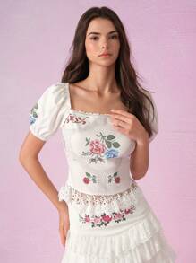 SHEIN MOD 女士简约印花方领短款泡泡袖度假时尚衬衫、波西米亚衬衫、乡村衬衫、早午餐、夏季衬衫、女士海滩