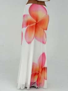 Aloruh 优雅粉色花卉印花网眼浪漫海滩假日派对超长美人鱼裙，百搭春夏季 - 粉色 - 查看 4