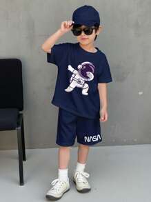 SHEIN Leap Crew Young Boy Astronaut And Letter Graphic Tee & Shorts - Navy Blue - View 1