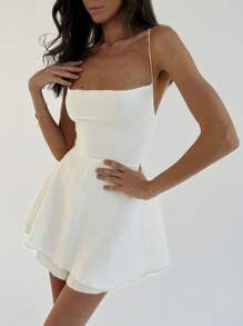 Aloruh 無袖搖擺裙連身褲，V領和開放性後背設計，展現纖細身材 - 米色 - 查看 4