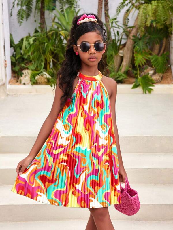 Girls Pop Art Print Sleeveless Pleated Vacation Casual Dress