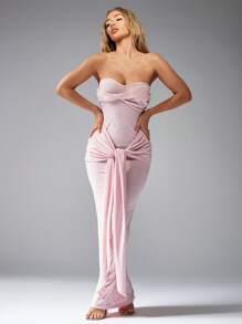 MISSGUIDED 提花扭纹胸围系带腰部抹胸长连衣裙