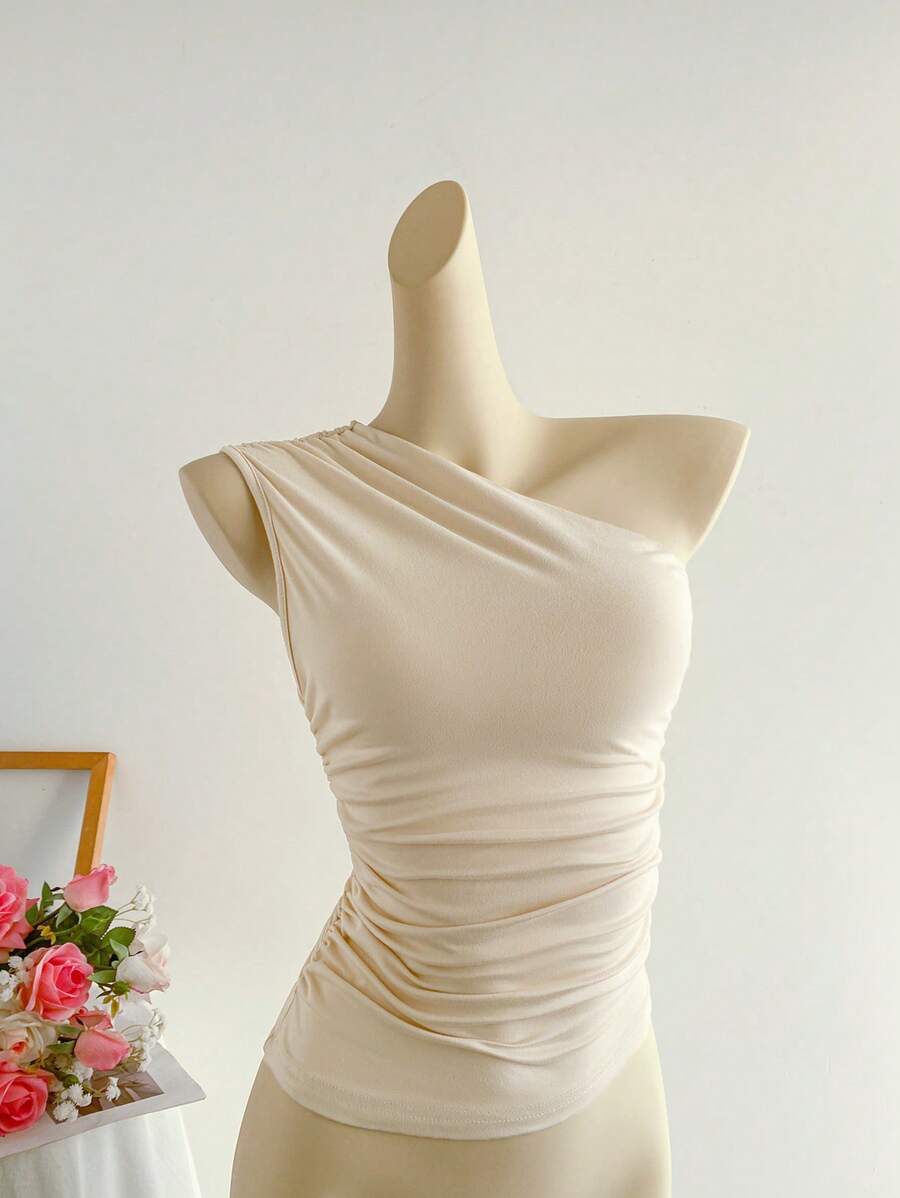 Elamini Women's Apricot Color Ruched Asymmetric Shoulder Fitted Top, Fashionable Casual Elegant Versatile, Spring/Summer - Apricot - View 1