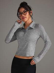 Easithlete 简约优雅纯色修身长袖运动 Polo 衫 - 淺灰色 - 查看 1