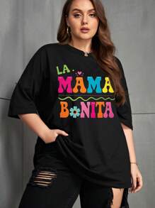 INAWLY Plus Size Women Letter Graphic Print Short Sleeve Round Neck T-Shirt