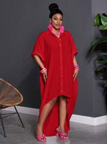 SHEIN CURVE+ 尺码 US22 适合音乐节、海滨度假、波西米亚风休闲纯色蝙蝠袖前扣连衣裙，女式加大码服装 - 紅色 - 查看 4