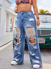SHEIN EZwear 大码宽松牛仔纯色做旧休闲牛仔裤，宽松阔腿妈妈牛仔裤，适合夏季时尚春夏海滩度假休闲裤，无弹力西部风女装，波西米亚风热带度假女装 - 淺色水洗藍 - 查看 4