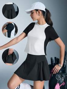 Women Contrast Color Short Sleeve Top And Mini Skirt Outdoor Suit