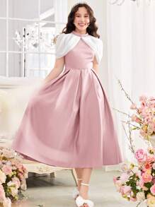 SHEIN Vestido casual de A-Line para adolescentes com cintura ajustada, mangas flutter e gola de cetim com blocos de cores. - Rosa Bebê - Visão 5