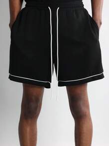 SUMWON 奢华运动休闲针织家居服套装，滚边撞色细节，夏季睡衣，家居服 - 黑色 - 查看 6