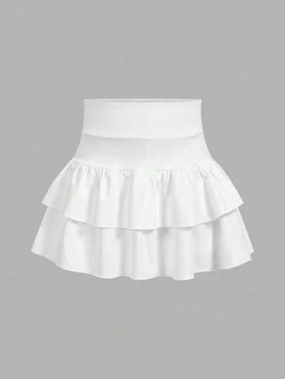 SHEIN Girlism Tween Girls Solid Knit Cute Ruffle Layered Built-In Shorts Mini Skirt, Y2K Fashion, Back To School