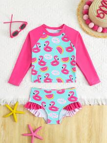 Young Girl Flamingo And Donut Print High Neck Ruffle Trim Tankini Summer Beach,Girls Surf Suit